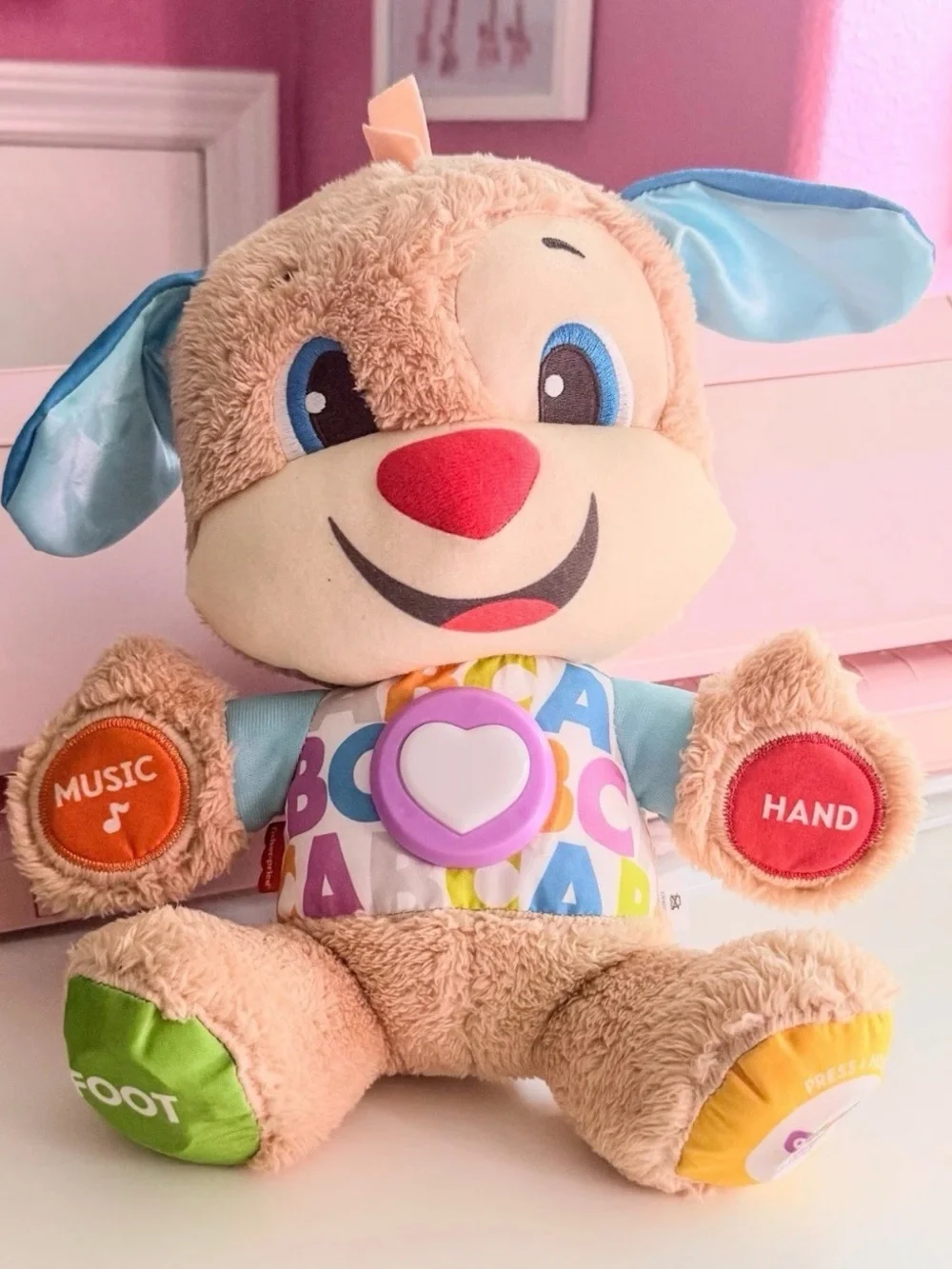 Fisher-Price Laugh & Learn Smart Stages Puppy Plush Dog Toy Music Beige Blue